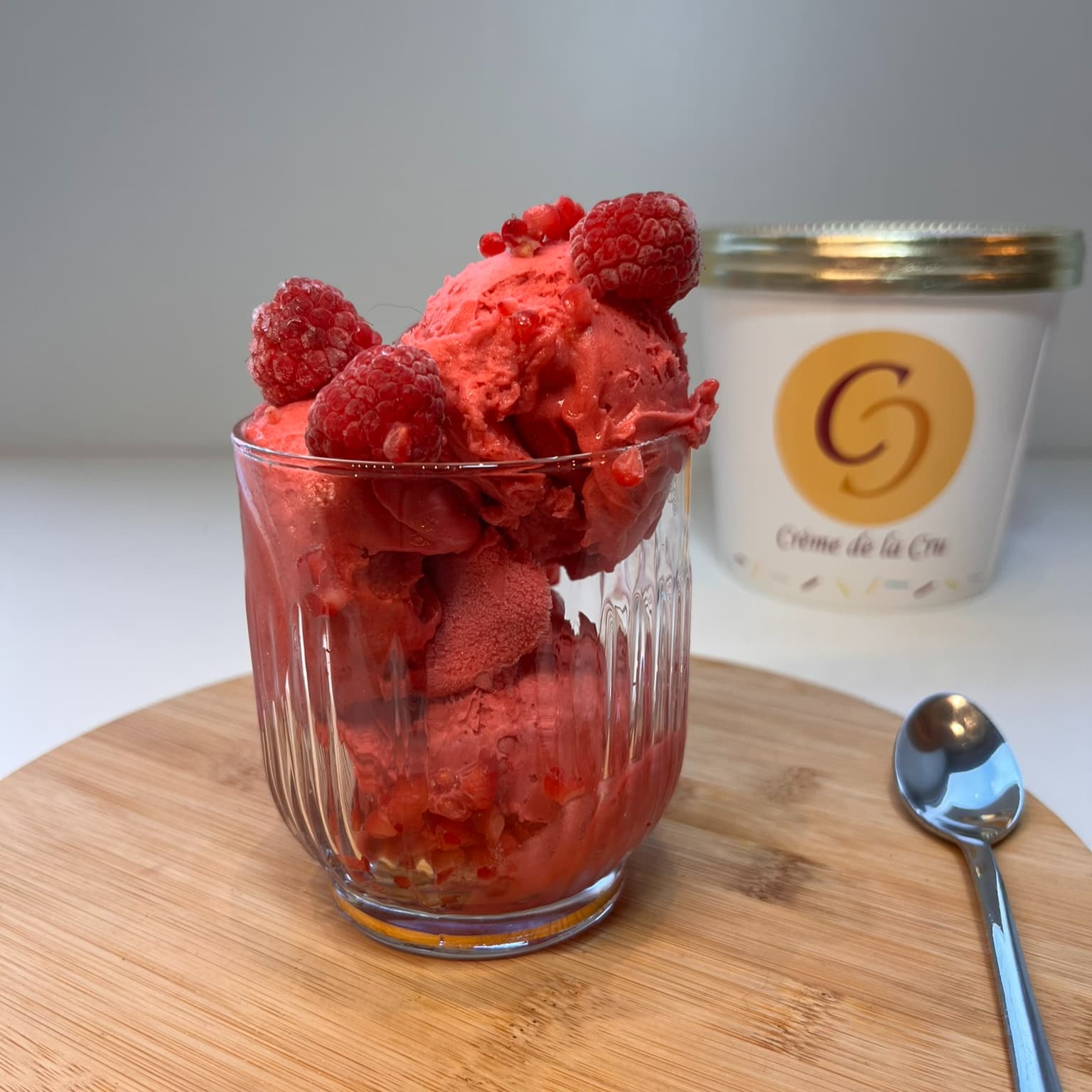 Frambozensorbet, van dichtbij